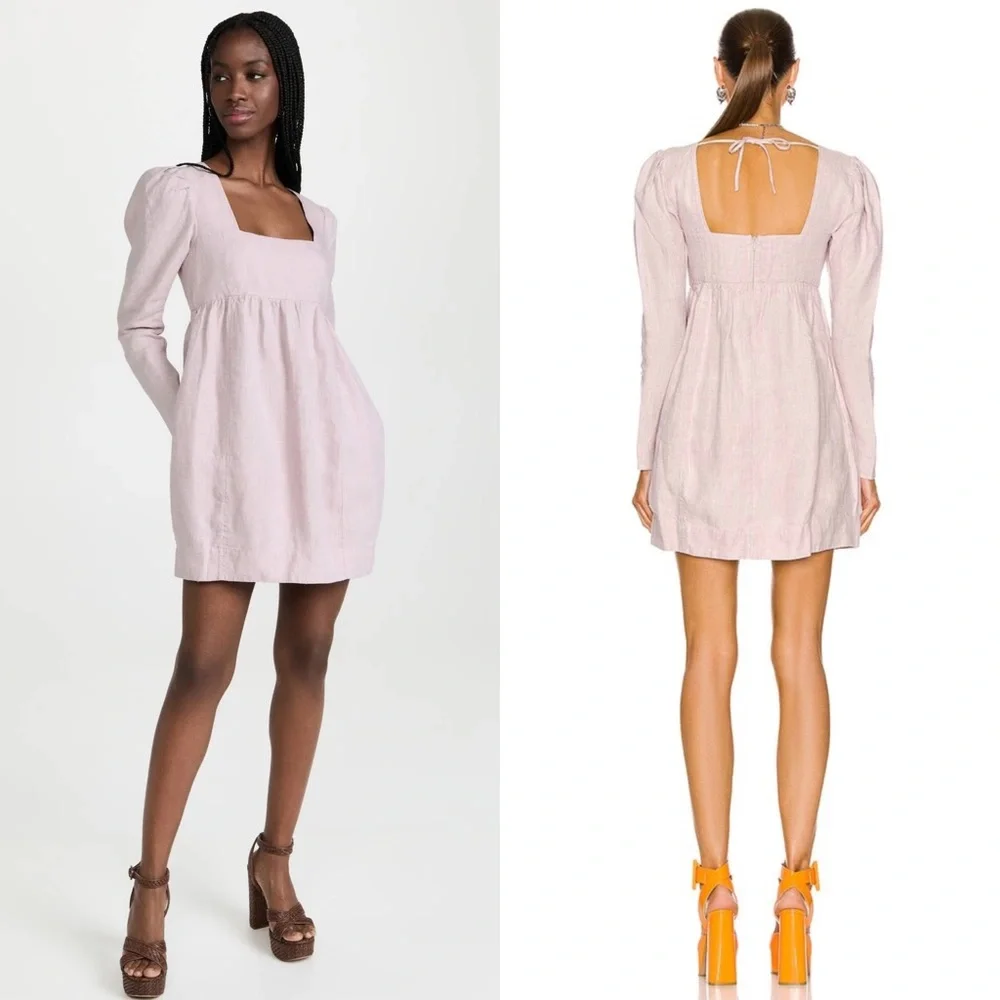 GANNI Lilac Hemp 90s Square Neck Long Sleeve Coquette Soft Girl Babydoll Dress L - Picture 6 of 14